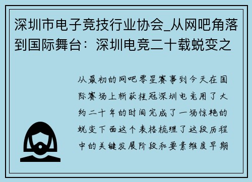 深圳市电子竞技行业协会_从网吧角落到国际舞台：深圳电竞二十载蜕变之路